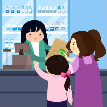 Téléchargez les illustrations : Magasins mère et fille au supermarché. Illustration vectorielle en style plat - en licence libre de droit