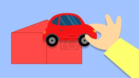 Téléchargez les illustrations : Illustration vectorielle de voiture rouge à la main et garage - en licence libre de droit