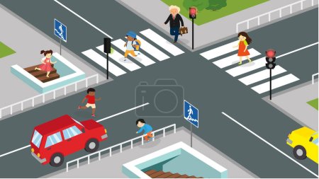 Ilustración de Gente cruzando la calle en el paso de peatones, ilustración vectorial isométrica. - Imagen libre de derechos