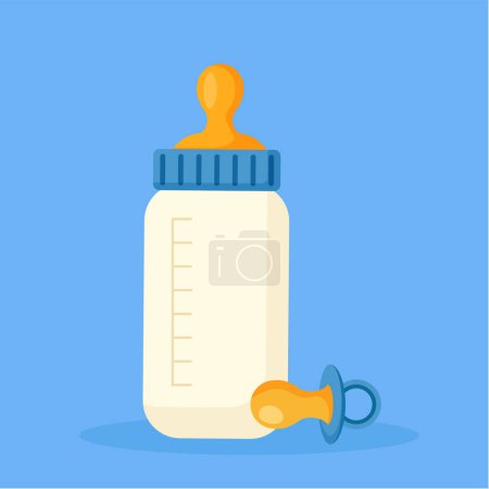 Ilustración de Biberón con leche. Ilustración vectorial de estilo plano sobre fondo azul. - Imagen libre de derechos
