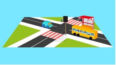 Photo for Vector illustration of City crossroad with bus and car - Royalty Free Image
