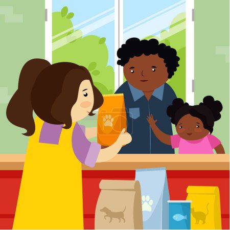 Illustration for African american  Father and daughter buying food in pet store. Vector illustration in flat style - Royalty Free Image