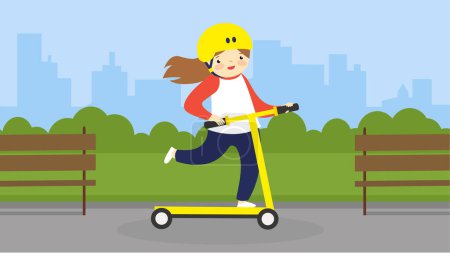 Ilustración de Chica joven montando scooter en la calle. ilustración vectorial - Imagen libre de derechos