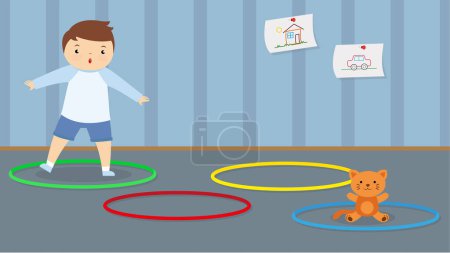 Illustration for Boy playing hopscotch in the room. Vector illustration. - Royalty Free Image