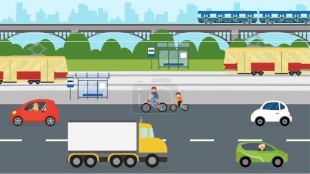 Ilustración de Autopista con diferentes modos de transporte y ferrocarril con metro - Imagen libre de derechos