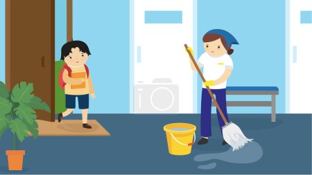Ilustración de Niño y señora de limpieza fregando el suelo - Imagen libre de derechos