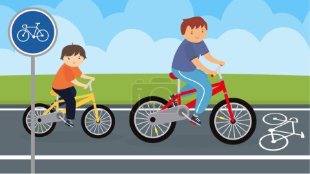 Ilustración de Padre e hijo montando bicicletas en el carril bici - Imagen libre de derechos