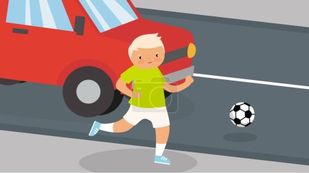Photo for The boy running out for the ball on the road along which the car was driving - Royalty Free Image