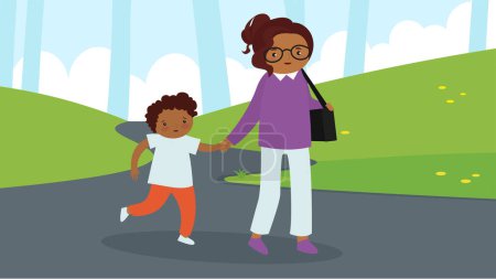 Téléchargez les illustrations : Afro-américaine mère avec enfant garçon dans le parc vectoriel illustration design - en licence libre de droit