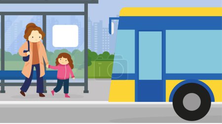 Téléchargez les illustrations : Illustration vectorielle de mère et fille avec un bus - en licence libre de droit