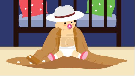 Illustration for Baby boy in raincoat and hat sitting on the floor in the room. - Royalty Free Image