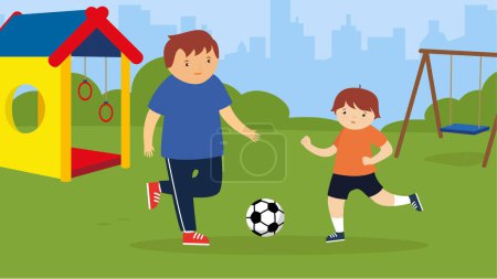 Illustration for Vector illustration of a boy and father playing soccer - Royalty Free Image