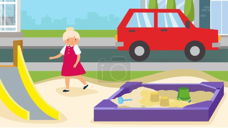 Illustration for The girl leaves the sandbox where the car is parked - Royalty Free Image