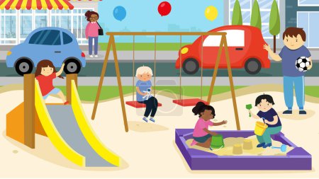Téléchargez les illustrations : Les enfants jouent dans l'aire de jeux à côté des voitures garées - en licence libre de droit