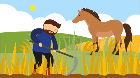 Téléchargez les illustrations : Fermier avec un cheval dans le champ. Illustration vectorielle plate. - en licence libre de droit