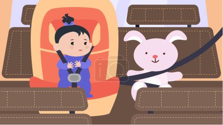 Téléchargez les illustrations : Une fille dans un siège auto à côté d'un lièvre jouet attaché avec une ceinture de sécurité - en licence libre de droit