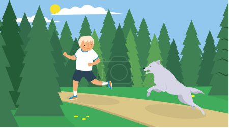 Illustration for A man runs away from a wolf in the forest. Vector illustration in flat style - Royalty Free Image