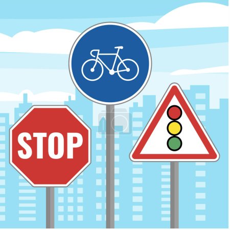 Ilustración de Señales de tráfico con una bicicleta y señales de tráfico - Imagen libre de derechos
