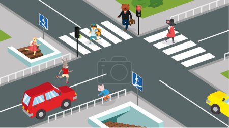 Ilustración de Animales cruzando la calle en el paso de peatones, ilustración vectorial isométrica. - Imagen libre de derechos
