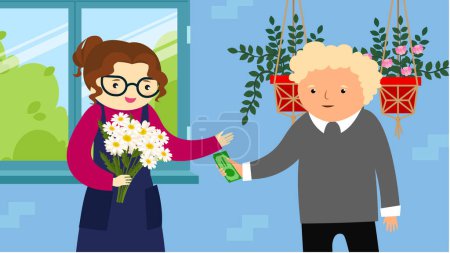 Téléchargez les illustrations : Illustration vectorielle fleuriste. femme vente de fleurs dans le magasin de fleurs. - en licence libre de droit