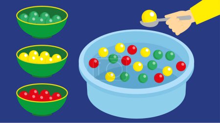 Illustration for Arrangement by color of balls from a bowl of water into other bowls - Royalty Free Image
