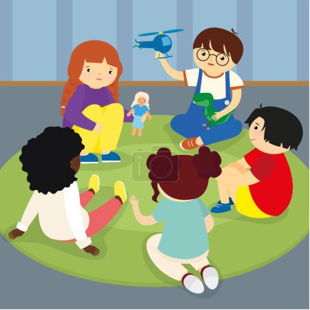 Téléchargez les illustrations : Enfants jouant avec hélicoptère jouet à la maternelle. Illustration vectorielle design plat. - en licence libre de droit