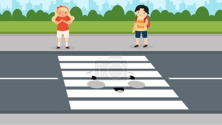 Illustration for A boy and a girl are standing at the crosswalk - Royalty Free Image