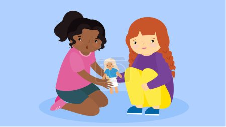 Photo for Two girls sitting on floor and playing with doll. Vector illustration - Royalty Free Image