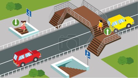 Illustration for Elevated crossing over the road with cars - Royalty Free Image