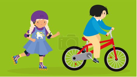 Téléchargez les illustrations : Fille sur patins à roulettes et garçon sur vélo. Illustration vectorielle en style dessin animé plat. - en licence libre de droit