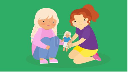 Illustration for Mother and daughter playing with a doll. Vector illustration in flat style - Royalty Free Image