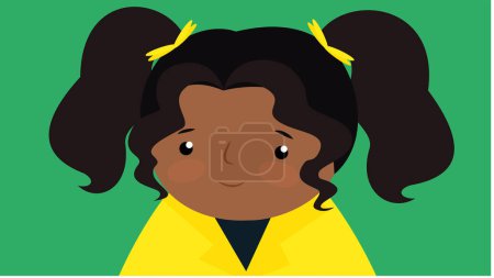 Illustration for Little African American girl in a yellow jacket on a green background. - Royalty Free Image