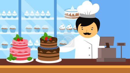 Illustration for Vector illustration of a chef in bakery shop with a cake - Royalty Free Image