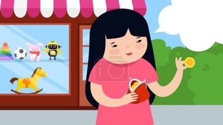 Téléchargez les illustrations : Illustration vectorielle d'enfant avec de l'argent au magasin de jouets - en licence libre de droit