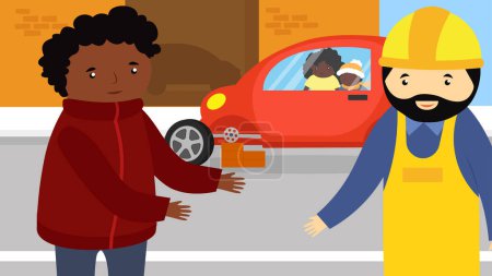 Téléchargez les illustrations : Illustration vectorielle du travailleur et conduire sur la rue - en licence libre de droit