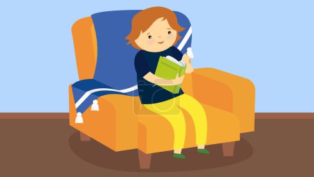 Téléchargez les illustrations : Illustration vectorielle du livre de lecture de garçon à la maison - en licence libre de droit