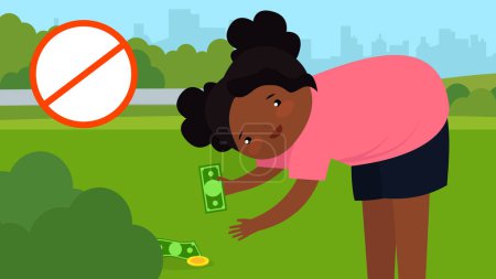 Téléchargez les illustrations : African American Girl récupère de l'argent dans le parc. Illustration vectorielle en style plat - en licence libre de droit
