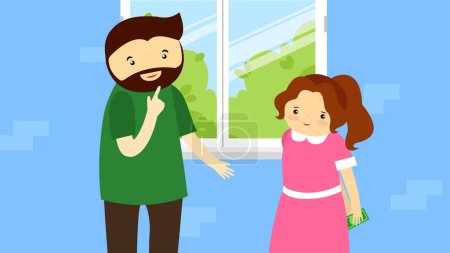 Illustration for Father and daughter standing in front of the window at home, vector illustration - Royalty Free Image