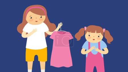 Illustration for Vector illustration of a little girl trying to choose a dress for her mother. - Royalty Free Image