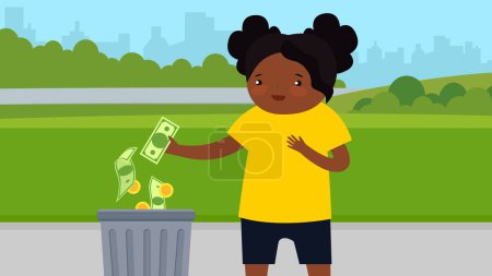 Téléchargez les illustrations : Une Afro-Américaine jette de l'argent dans une poubelle. Illustration vectorielle. - en licence libre de droit