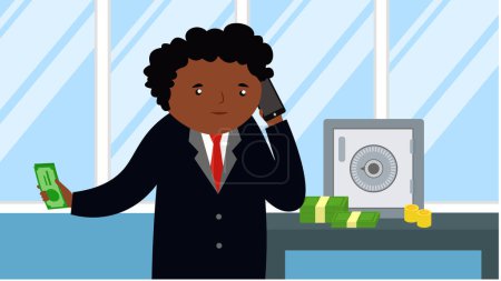 Illustration for African american worker using smartphone, vector illustration - Royalty Free Image