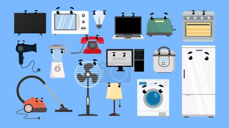 Illustration for Home appliances icons set with cartoon faces, vector illustration - Royalty Free Image