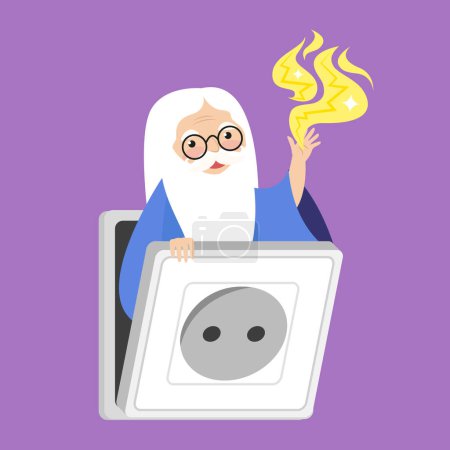 Illustration for Wizard behind the electric socket. vector illustration in cartoon style. - Royalty Free Image