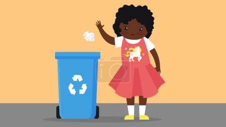 Téléchargez les illustrations : Femme jetant napperon dans une boîte en plastique pleine de déchets en plastique. concept de recyclage, recyclage et écologie. - en licence libre de droit