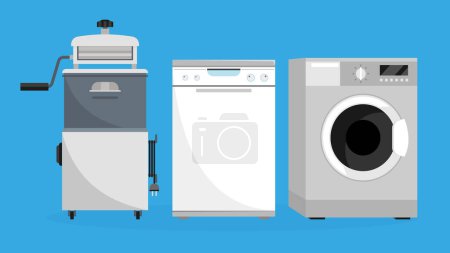 Téléchargez les illustrations : Machine à laver moderne et machines à laver vintage, illustration vectorielle - en licence libre de droit