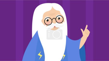 Illustration for Old man cartoon character. Wizard with white beard pointing finger - Royalty Free Image