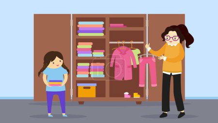 Illustration for Mother and daughter choosing clothes in wardrobe - Royalty Free Image