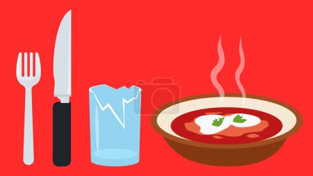 Téléchargez les illustrations : Concept alimentaire, illustration vectorielle, soupe, verre brisé et ustensiles - en licence libre de droit