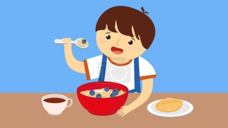 Illustration for Little boy is eating cereal and bun, vector illustration, breakfast - Royalty Free Image