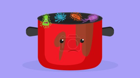 Téléchargez les illustrations : Pot de cuisine sale avec des germes, illustration vectorielle dessin animé plat - en licence libre de droit